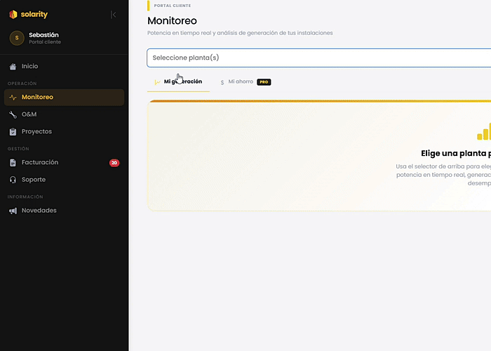 Portal de Clientes Solarity — vista de Monitoreo en tiempo real